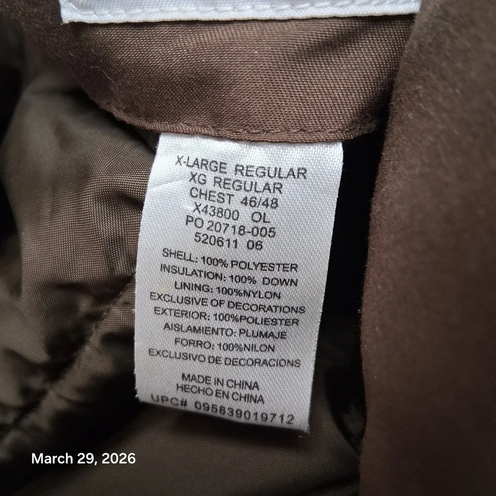 10X Quilted Down Puffer Jacket Mens Size XL Brown Outdoor Winter Coat